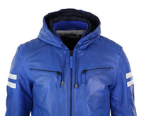 Men's Realy Leather Bomber Jacket with Hood-Blue