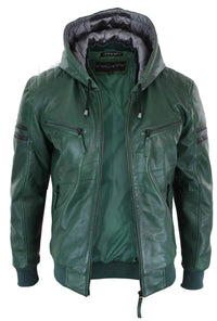 Men's Real Leather Bomber Jacket with Hood-Green