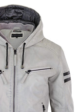 Men's Real Leather Bomber Jacket with Hood-White
