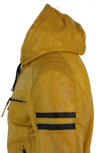 Men's Real Leather Bomber Jacket with Hood-Yellow