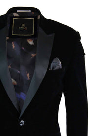 Cavani Rosa - Mens Soft Velvet Black Navy 1 Button Dinner Jacket Tuxedo Blazer Smart Casual Fit-Black