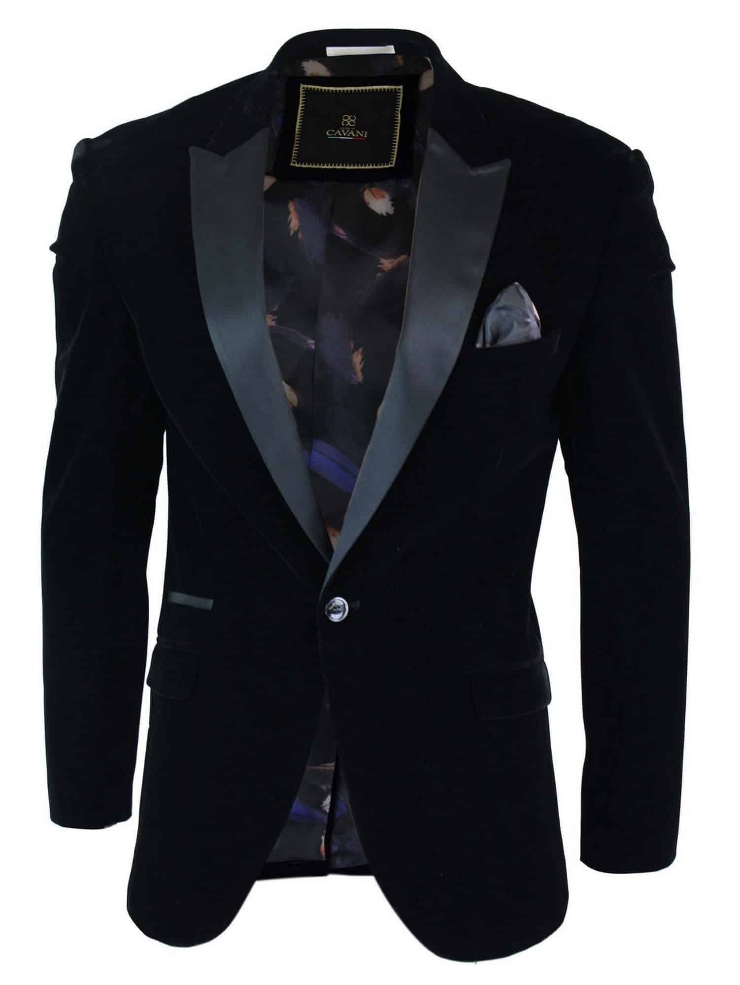 Cavani Rosa - Mens Soft Velvet Black Navy 1 Button Dinner Jacket Tuxedo Blazer Smart Casual Fit-Black