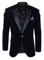 Cavani Rosa - Mens Soft Velvet Black Navy 1 Button Dinner Jacket Tuxedo Blazer Smart Casual Fit-Navy