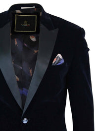 Cavani Rosa - Mens Soft Velvet Black Navy 1 Button Dinner Jacket Tuxedo Blazer Smart Casual Fit-Navy