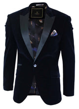 Cavani Rosa - Mens Soft Velvet Black Navy 1 Button Dinner Jacket Tuxedo Blazer Smart Casual Fit-Navy
