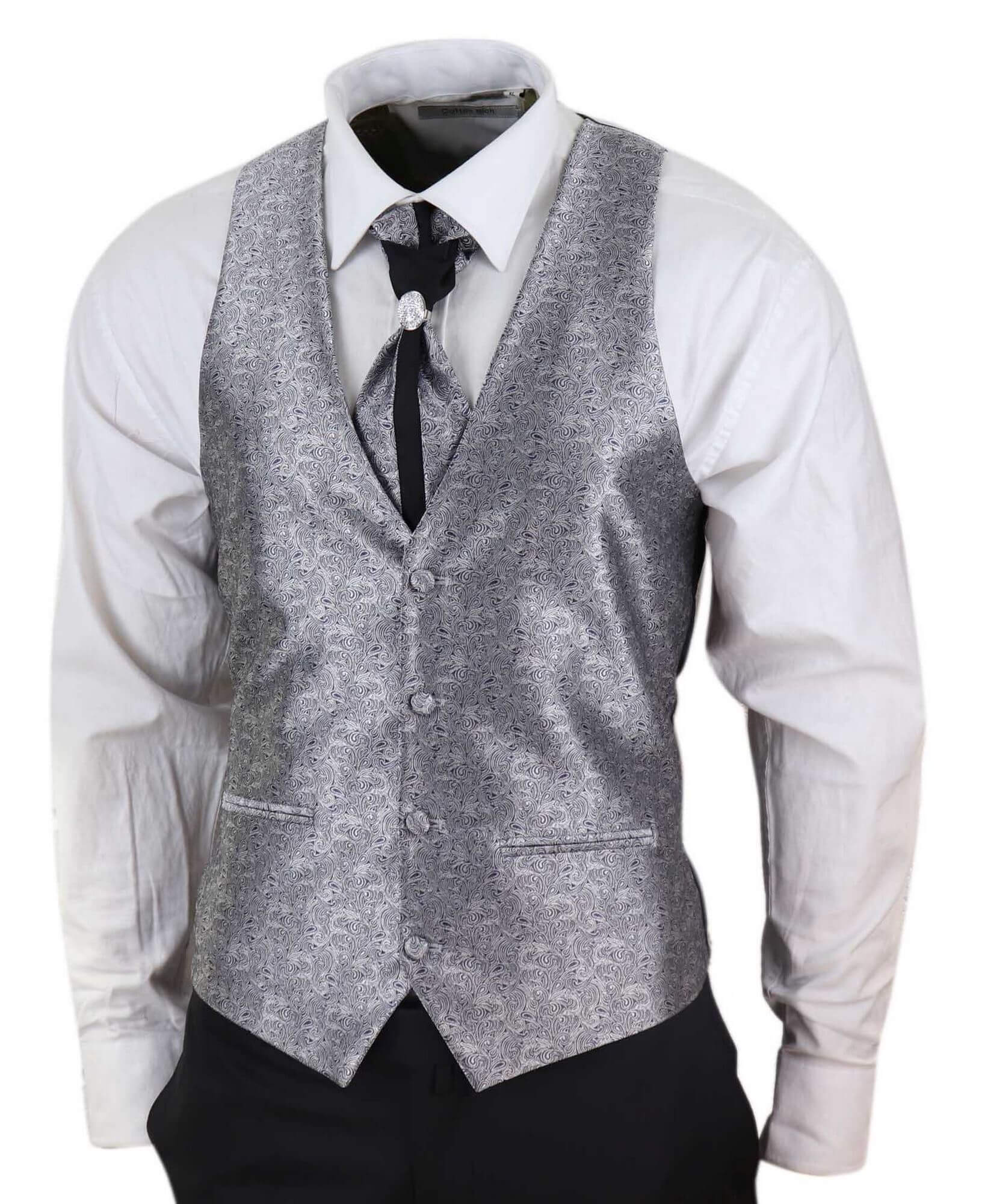 Mens 4 Piece Shawl Lapel Suit - Black/Silver