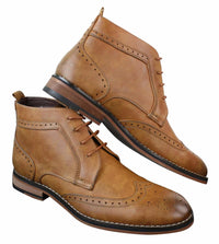 Mens Slip On & Laced Tan Brown Military Brouge Boots Smart Casual Leather Lined