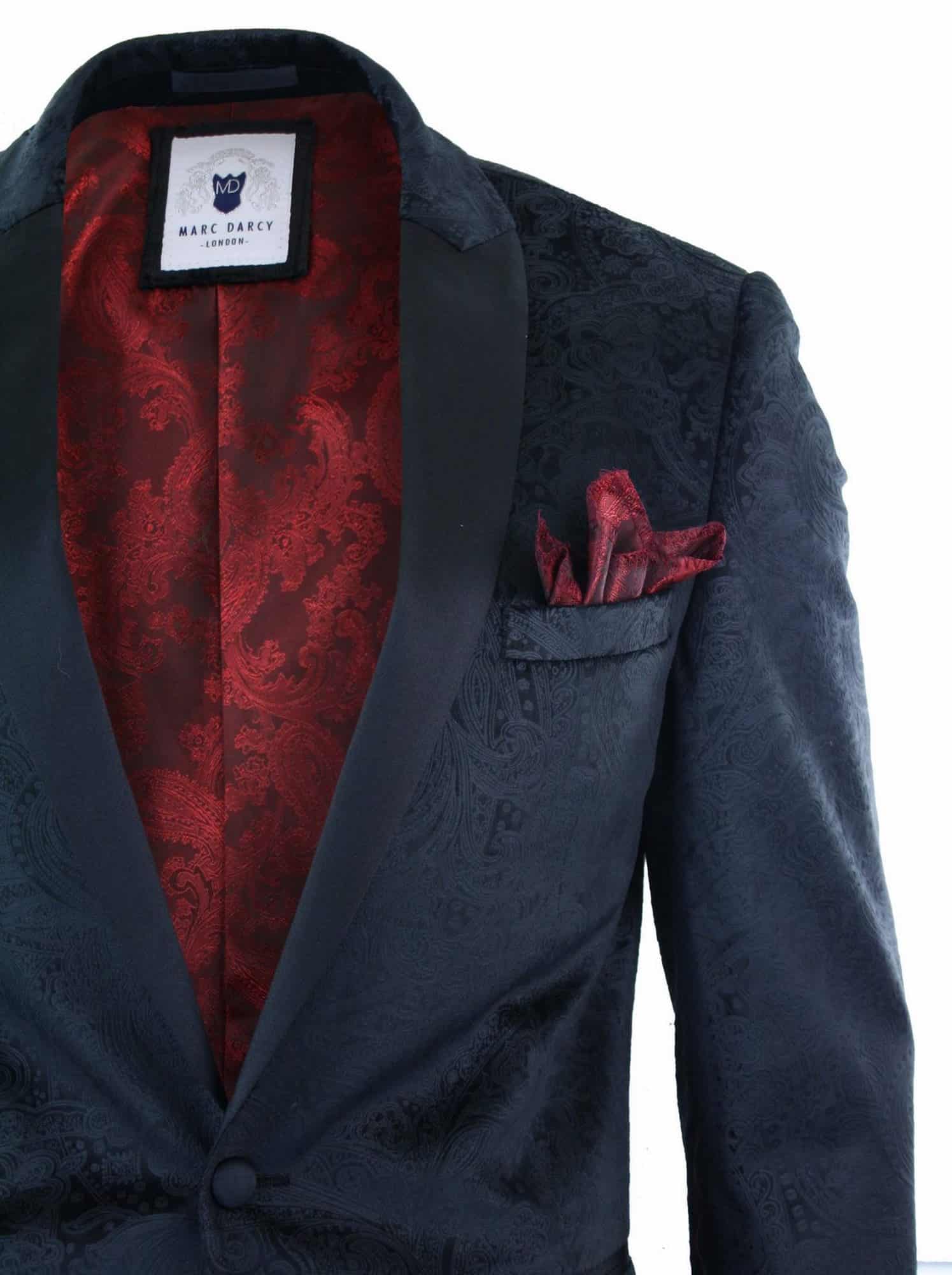 Marc Darcy Simon Mens Velvet Paisley Black Fit Blazer Tuxedo Dinner Jacket Smart Casual