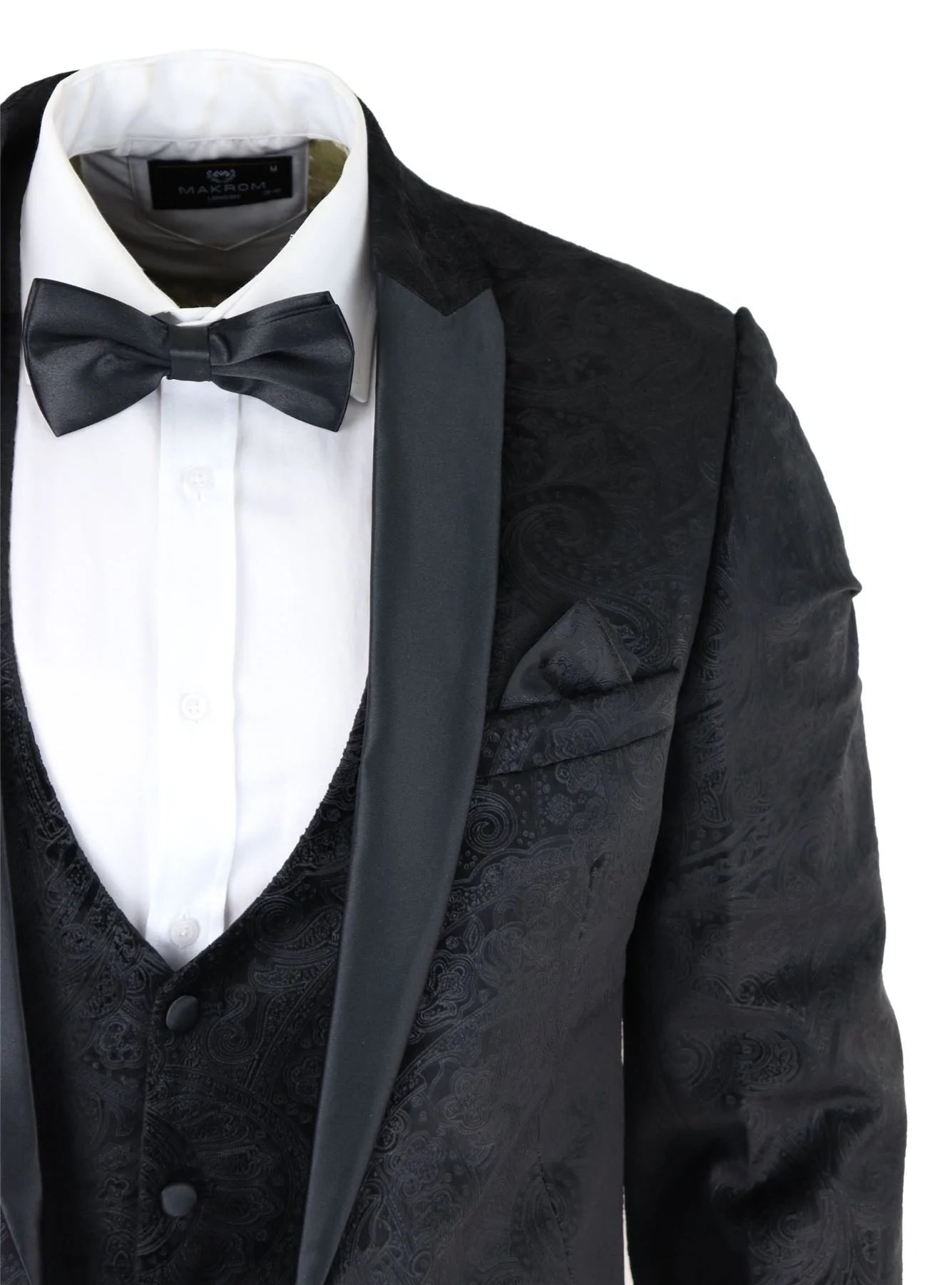 Mens Marc Darcy Velvet Paisley Black Fit 3 Piece Suit Tuxedo Dinner Jacket Wedding