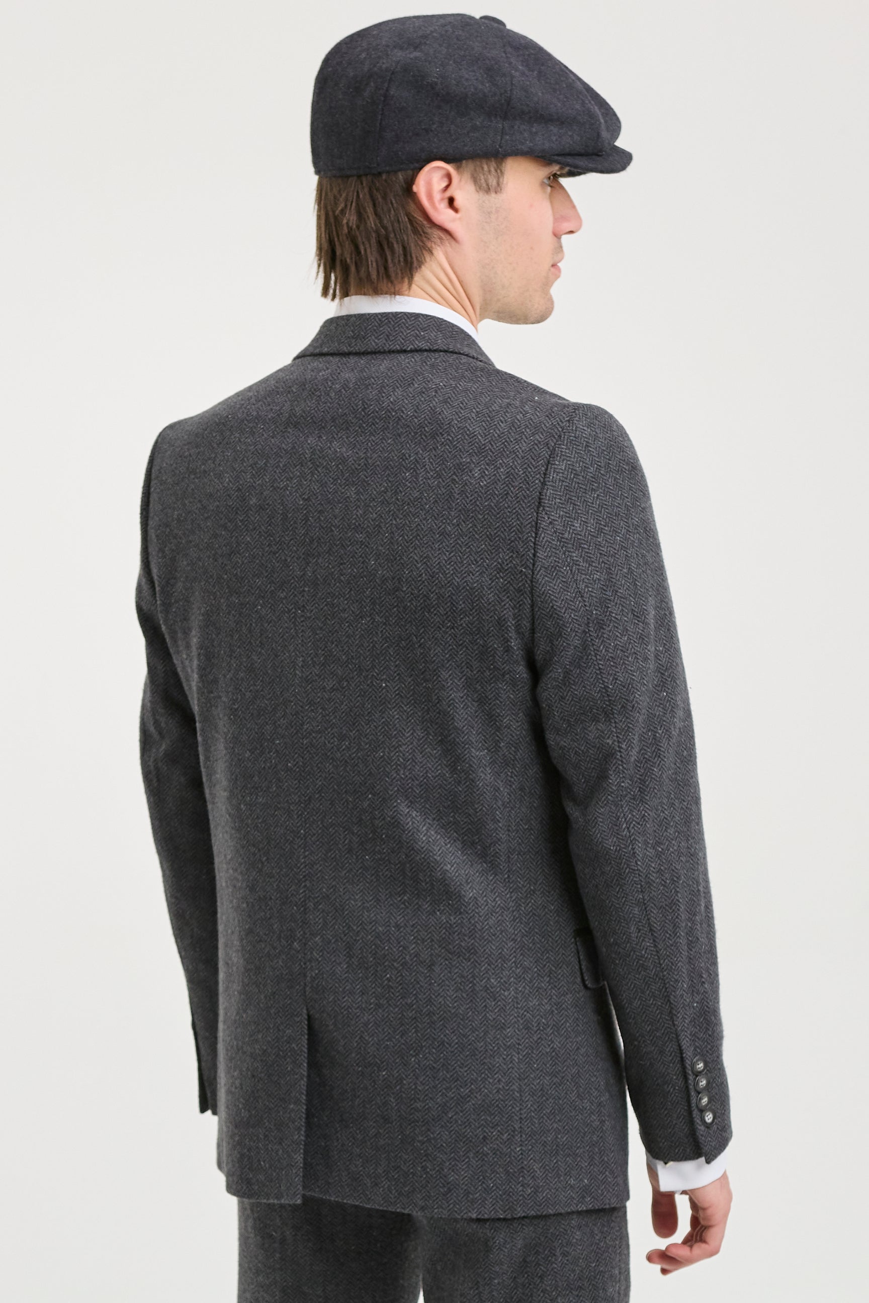 Anthrazitgrauer 3-teiliger Tweed-Anzug mit Fischgrätenmuster für Herren - STZ11