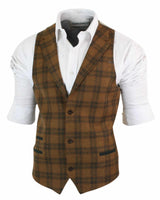 Mens Waistcoat Wool Tan Brown Check Tweed Classic Vintage Tailored Fit
