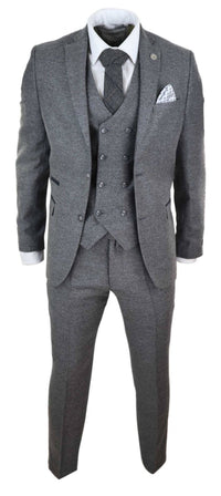 Mens 3 Piece Grey Suit with Double Breasted Waistcoat