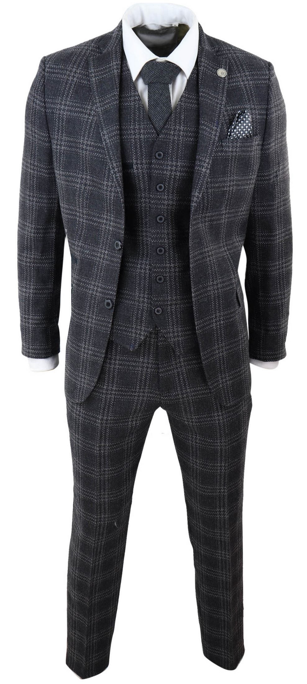 Mens Charcoal-Grey Check Tweed 3 Piece Suit