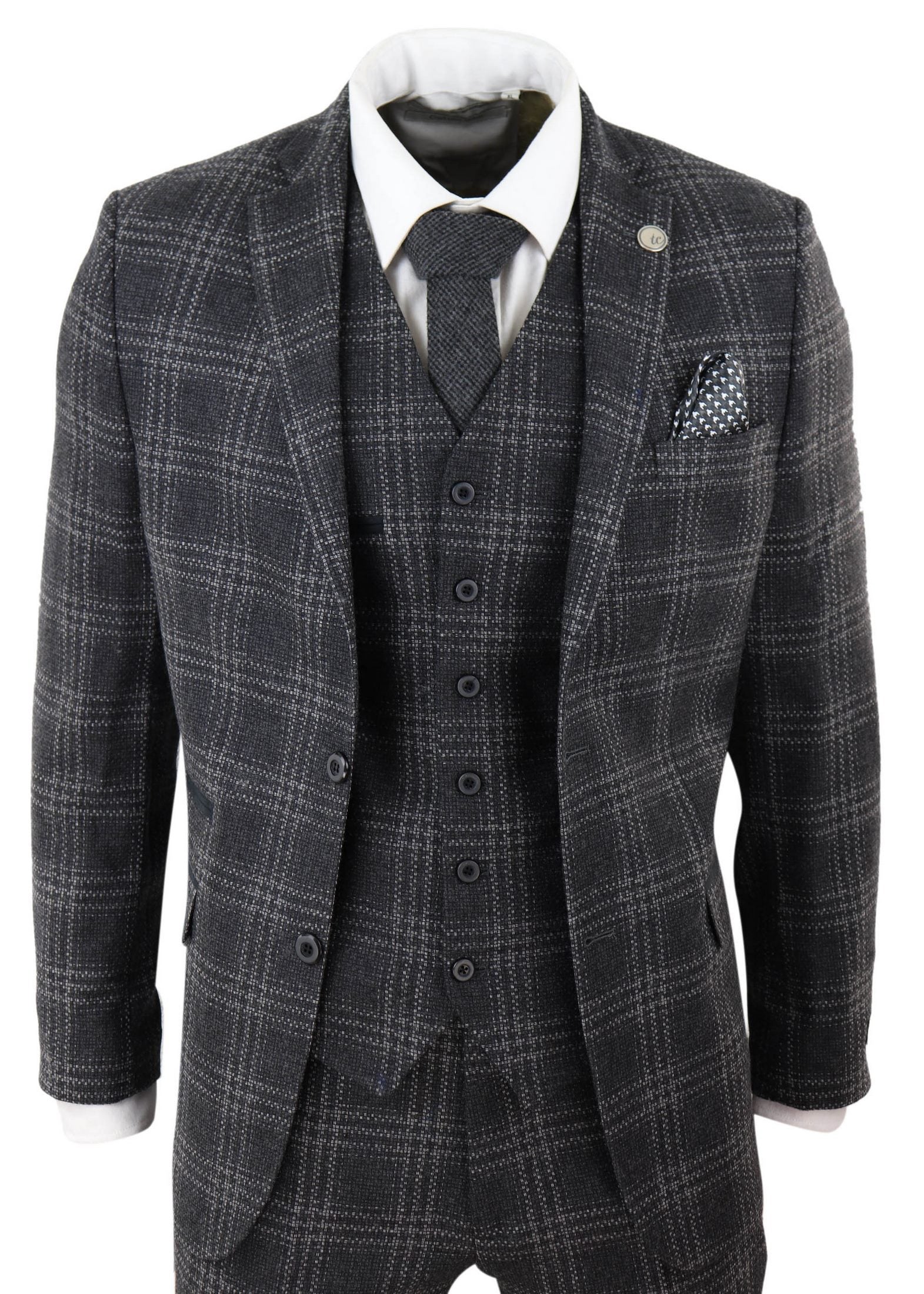 Mens Charcoal-Grey Check Tweed 3 Piece Suit