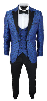 Mens Paisley Tuxedo Blazer And Waistcoat Brocade Dinner Jacket Satin Black Blue - No Trousers