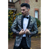 STZ64-65 - Men's Velvet Paisley Floral Blazer Silver Black Tuxedo Jacket