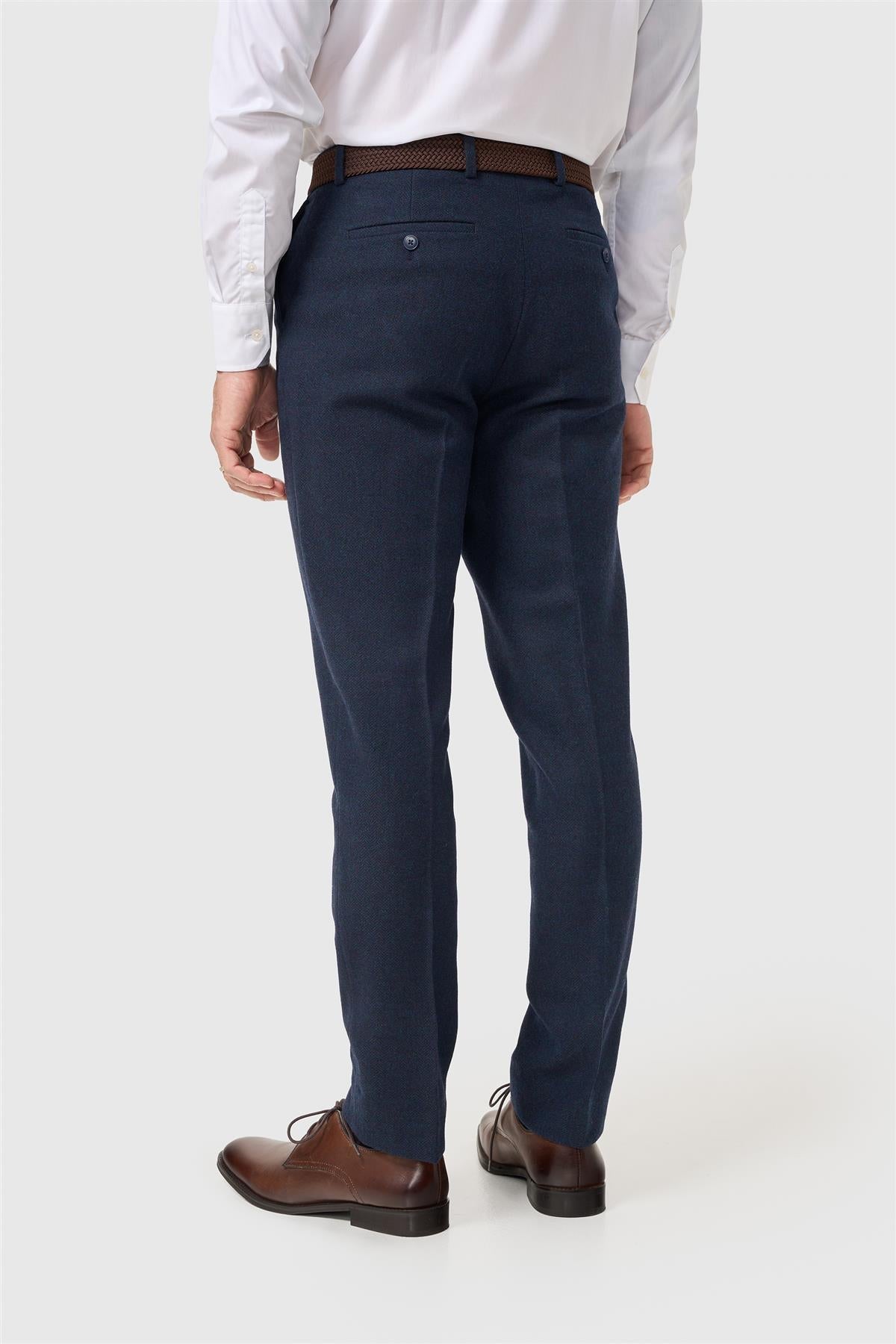 Thomas – Herrenhose aus marineblauem Wollmischgewebe mit Fischgrätmuster