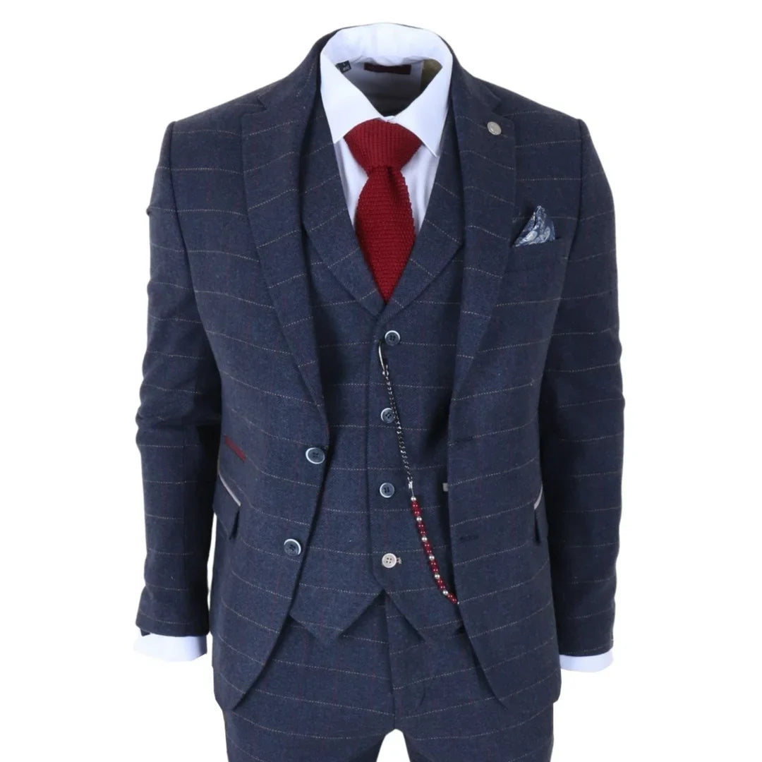 TP-32 – Dreiteiliger Herrenanzug im Gatsby-Stil aus marineblauem Tweed-Wollmischgewebe