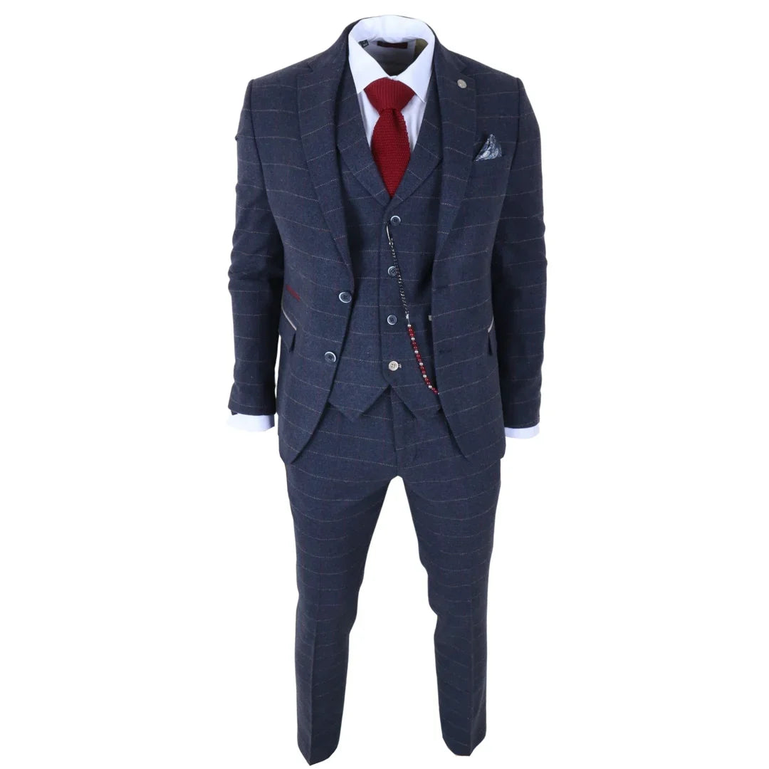 TP-32 – Dreiteiliger Herrenanzug im Gatsby-Stil aus marineblauem Tweed-Wollmischgewebe