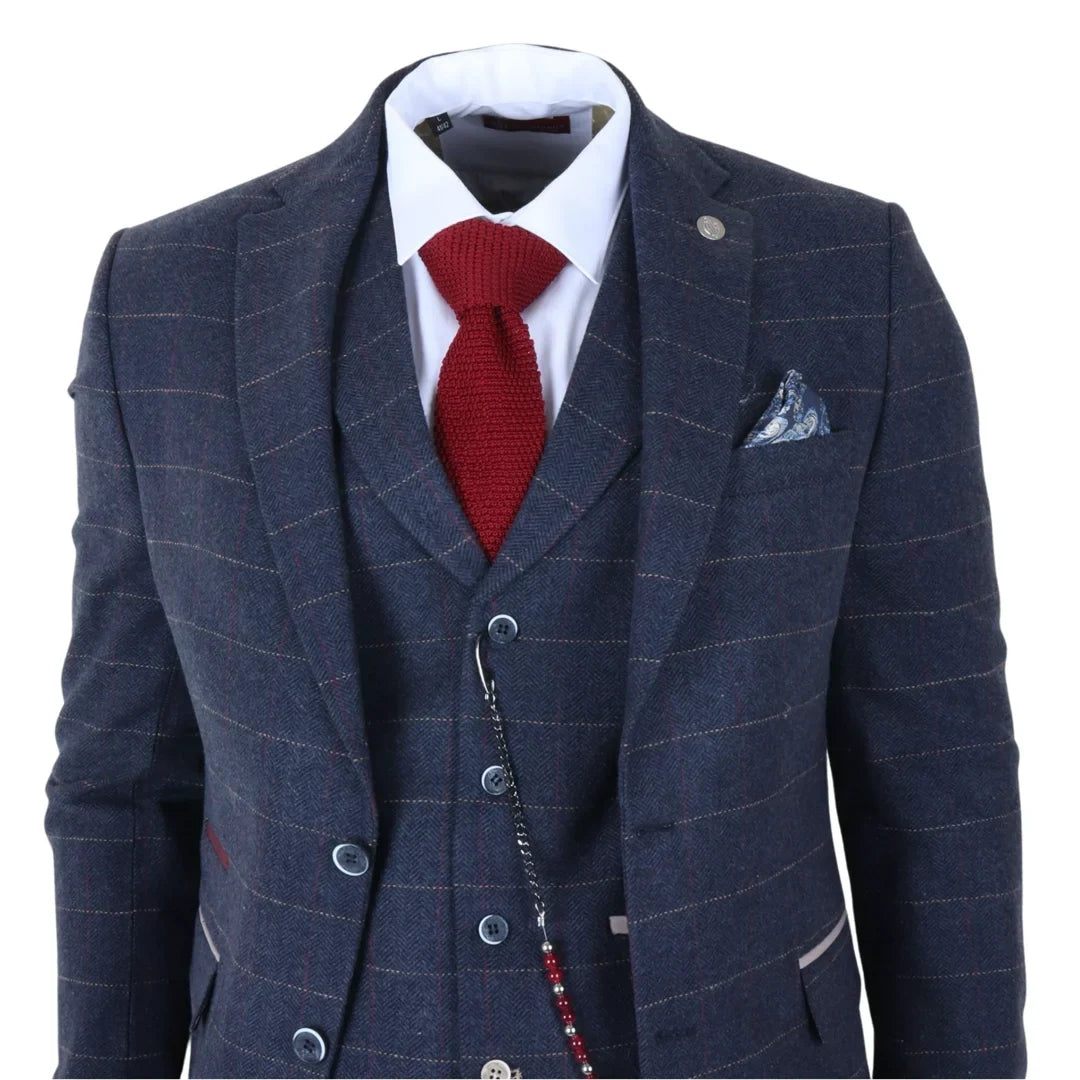 TP-32 – Dreiteiliger Herrenanzug im Gatsby-Stil aus marineblauem Tweed-Wollmischgewebe