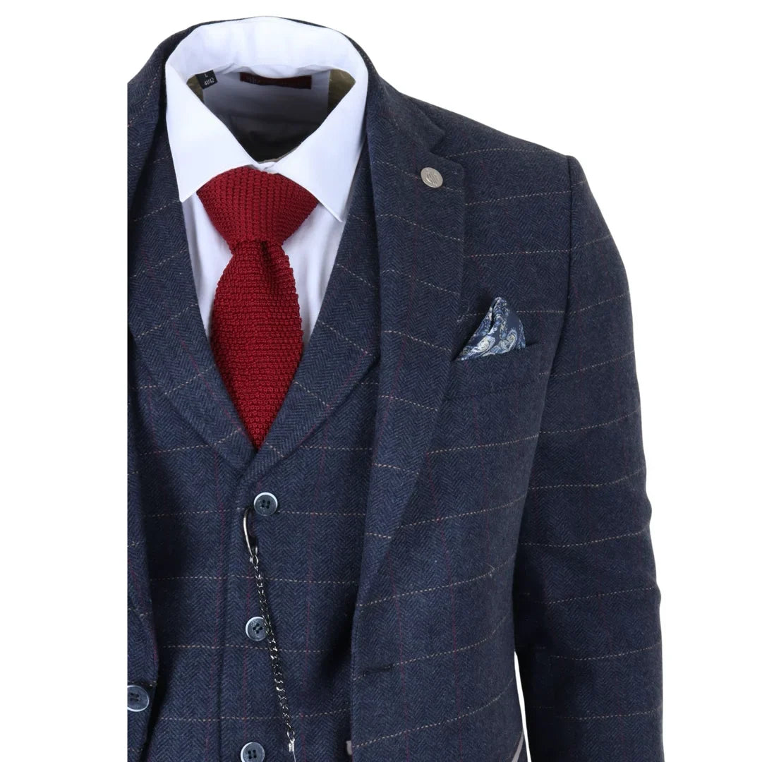 TP-32 – Dreiteiliger Herrenanzug im Gatsby-Stil aus marineblauem Tweed-Wollmischgewebe