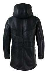 Mens Real Shearling Sheepskin 3/4 Hood Duffle Jacket Black Fur Warm Winter