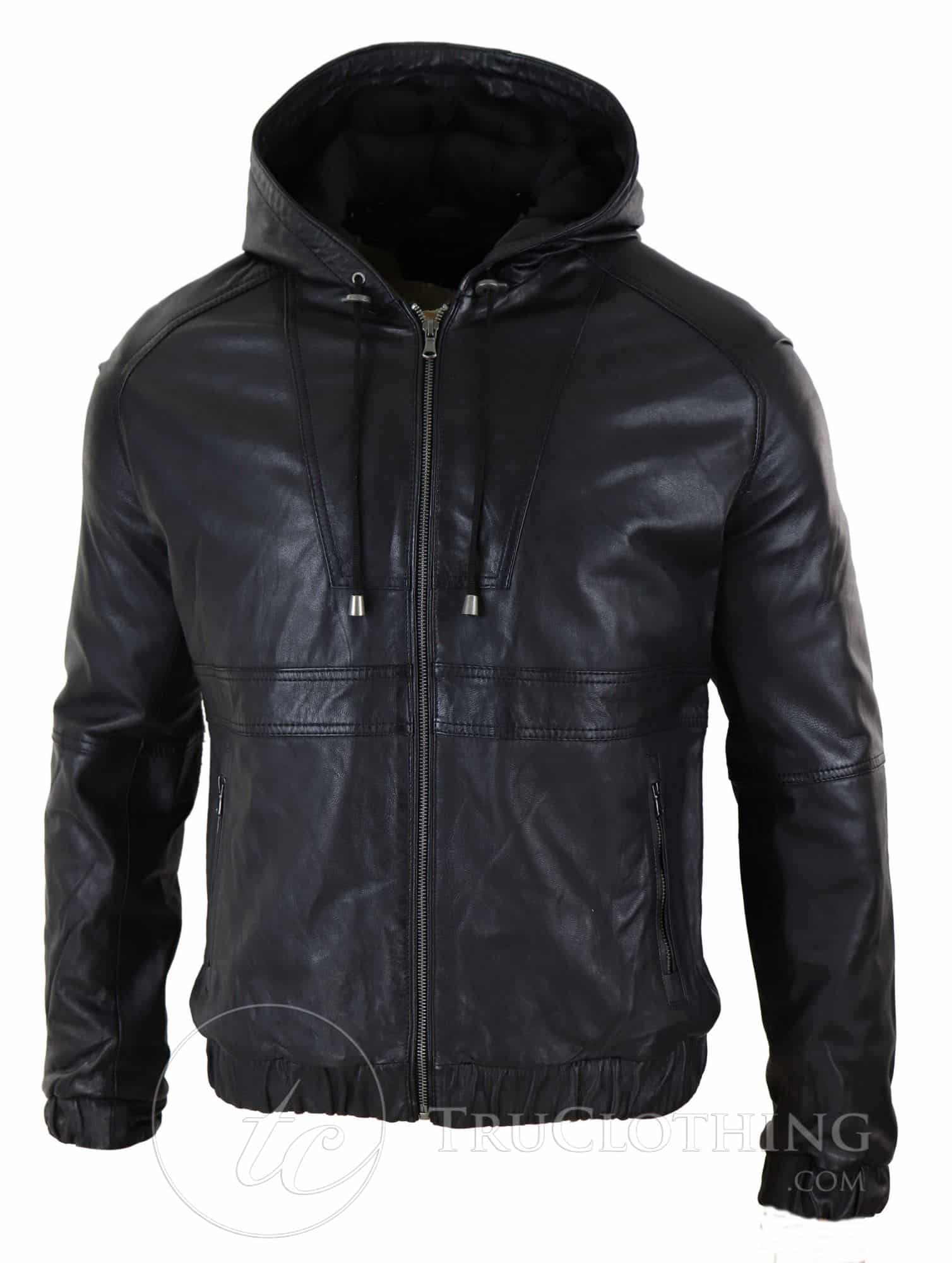 Mens Real Leather Bomber Hood Jacket - Black