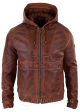 Mens Real Leather Bomber Hood Jacket - Tan