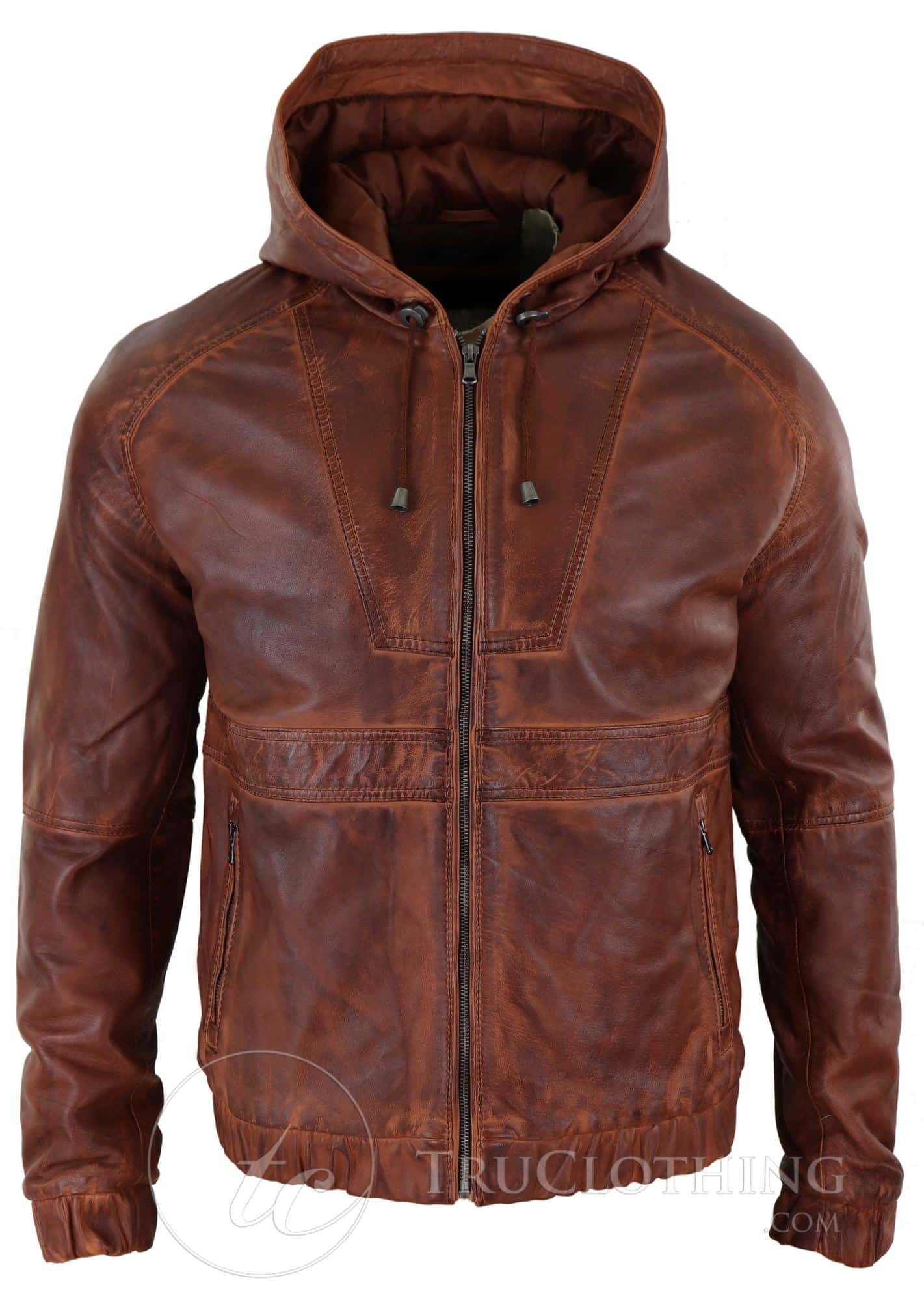 Mens Real Leather Bomber Hood Jacket - Tan