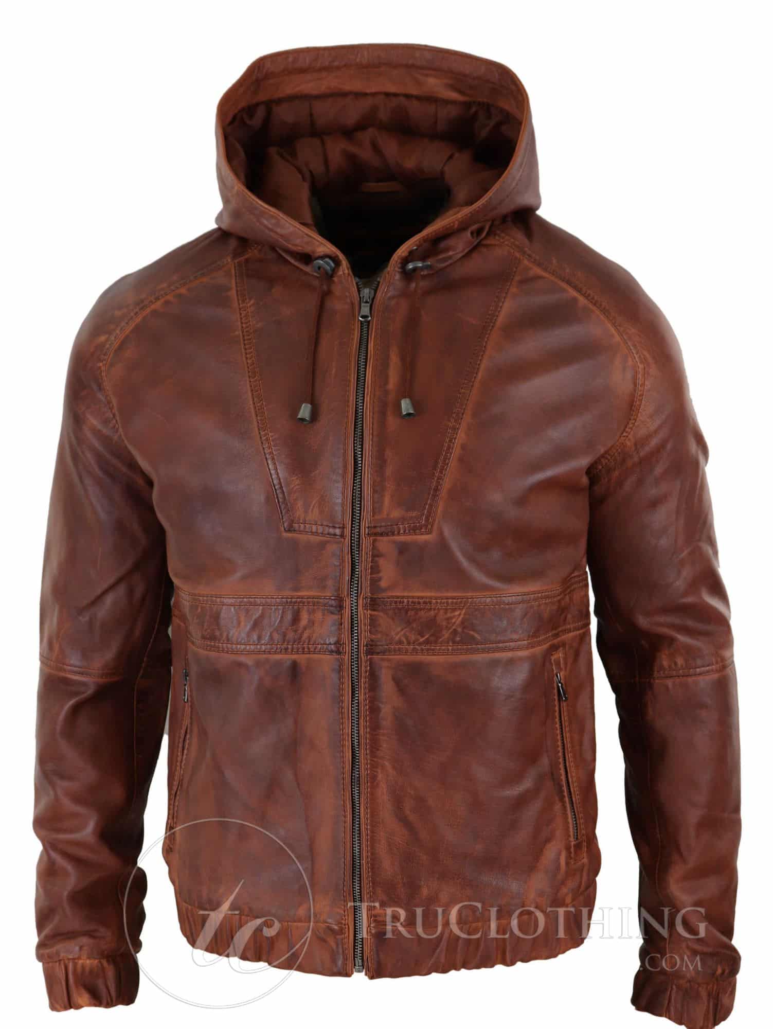 Mens Real Leather Bomber Hood Jacket - Tan