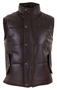 Mens Real Leather Waistcoat Gilet Quilted Puffer Design Warm Zip Casual Brown