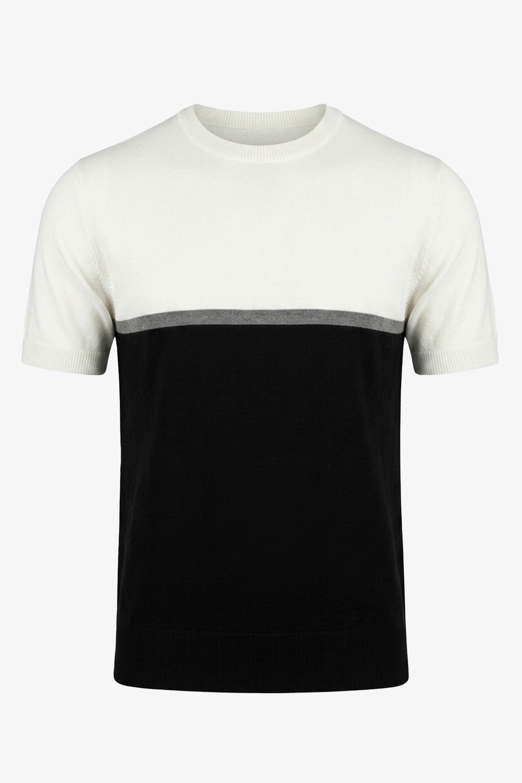 Weißes und schwarzes Strick-T-Shirt mit Farbblockmuster für Herren