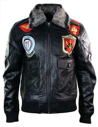 Mens Real Leather US Aviator Air Force Pilot Flying Bomber Jacket Black Fur Collar-Black