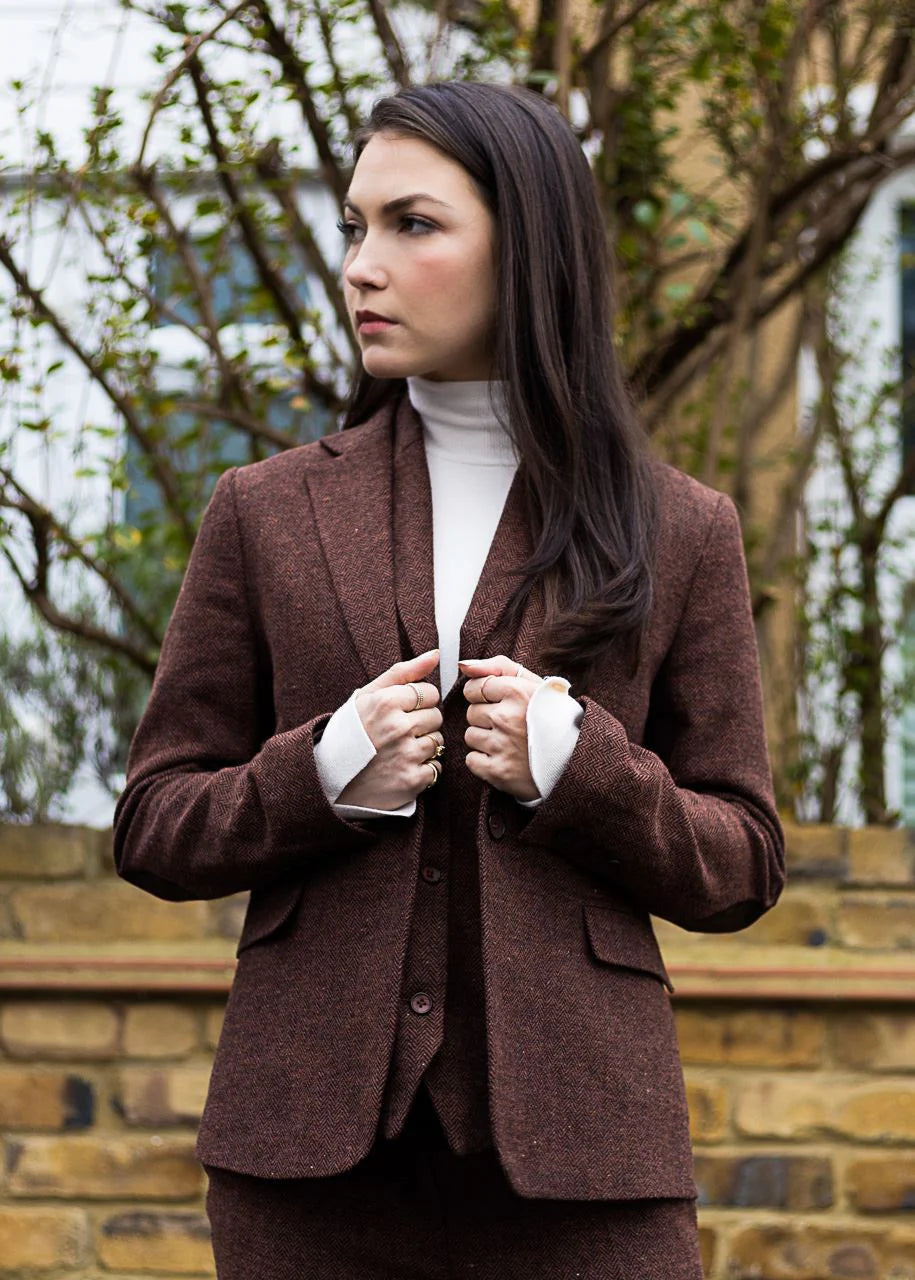 WS-12 - Damen-Tweed-Blazer, Fischgrätmuster, Wolle, Rostbraun